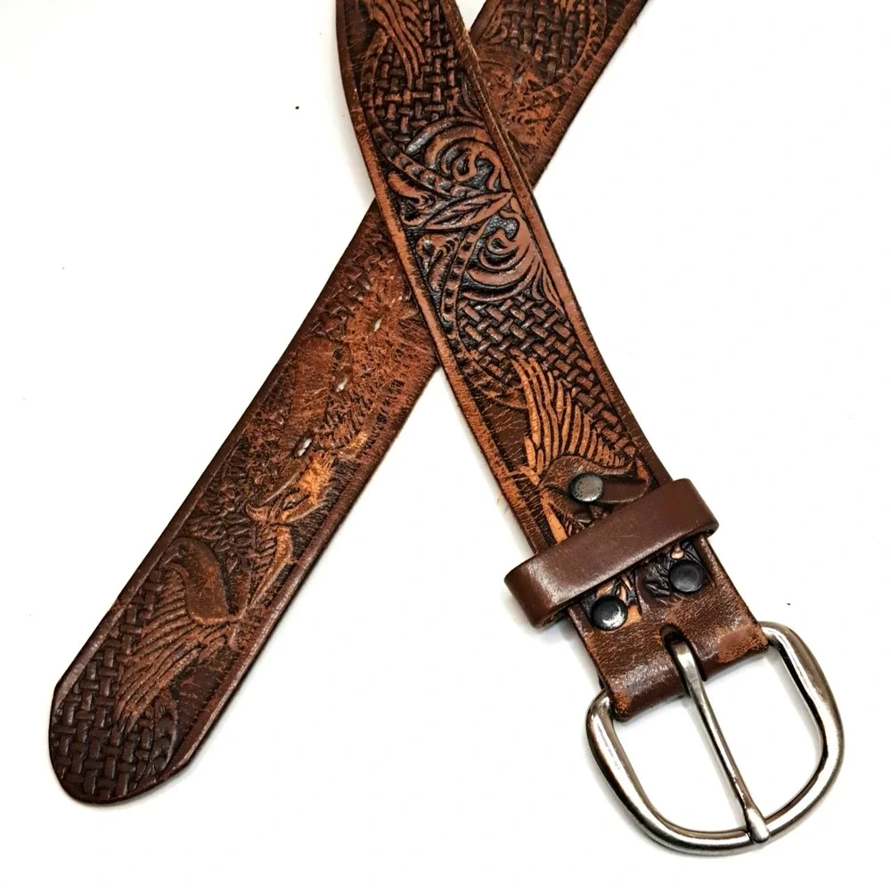 Vintage Tooled Leather Belt Bald Eagle KM627 Men's XL Patriotic‎ USA Biker Brown